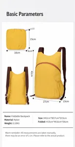 Detailed size specifications and dimensions for a lightweight foldable nylon outdoor backpack