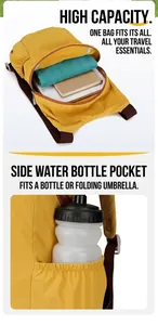 Detail view of a large yellow hiking backpack showing interior capacity and side pocket.