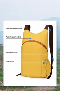 Detail view of a lightweight water-repellent outdoor hiking backpack in yellow