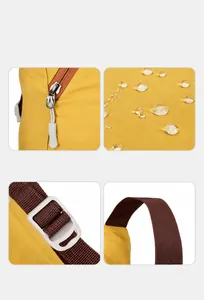 Close-up details of hiking backpack including metal zipper, waterproof fabric and strap