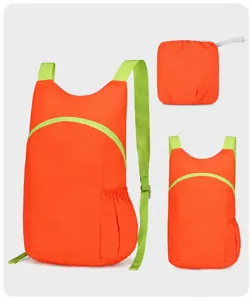 Orange lightweight foldable hiking backpack with lime green straps shown in three states