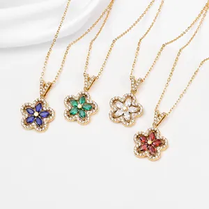 Elegant Five Petal Flower Pendant Necklace 316 Stainless Steel Zirconia Inlaid 18K Gold Plated Clavicle Chain Jewelry For Women