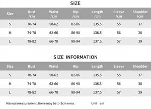Detailed size chart for slim-fit long sleeve solid color maxi dress in cm measurements