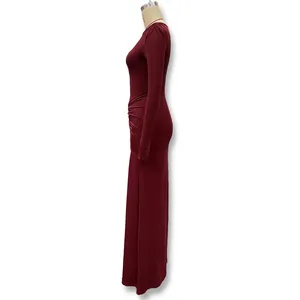 Side view of burgundy long sleeve round neck slim fit formal maxi dress.