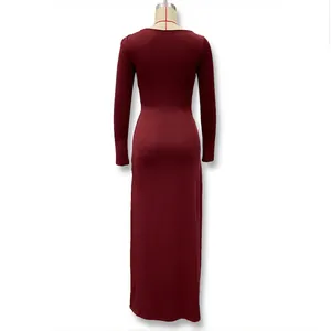 Detailed back view of a wine red slim fit long sleeve crew neck maxi dress for women