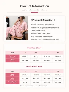 Size chart and product details for women's heart print pajama set with ruffles