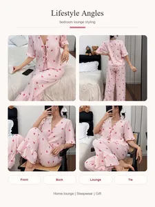 Multiple lifestyle angles of pink heart print ruffled pajama set in a cozy bedroom setting