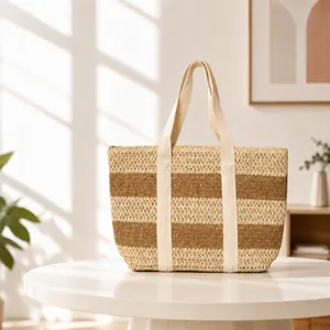 Striped Woven Straw Tote Bag Large Capacity Paper Weave Handbag For Summer Beach Holiday Travel Casual Women