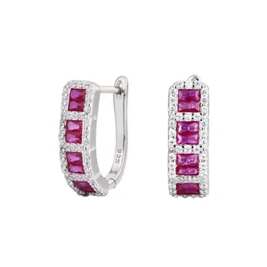 S925 sterling silver U-shape hoop earrings with baguette red cubic zirconia stones