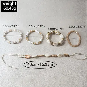 Especificaciones y dimensiones del set de pulsera de cuentas y tobillera de conchas