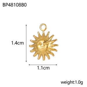 Detailed view of a golden stainless steel sun face pendant with 1.4cm and 1.1cm dimensions.