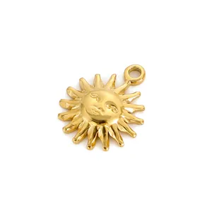 Detailed view of a golden sun face pendant made of stainless steel