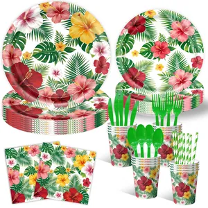 Hawaiian tropical floral party tableware set with hibiscus plates cups napkins and cutlery