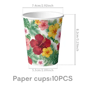 Hawaiian theme party paper cups set with hibiscus flower pattern, 10 pieces pack.
