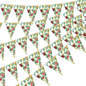 Tropical Hawaiian party bunting banner with colorful hibiscus and palm leaf patterns