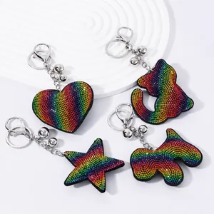 Llaveros de diamantes de imitación arcoíris con forma de corazón, gato, estrella y perro para bolsos