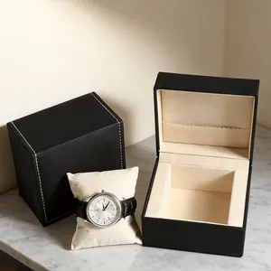 Premium zwart lederen horloge opbergdoos met zachte beige binnenkant en kussentje