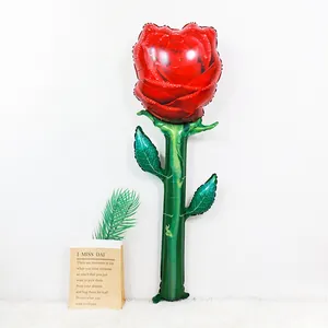 Close-up detail of a standing long-stemmed red rose foil balloon for Valentine's Day
