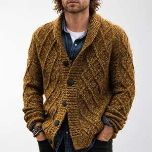 Men Vintage Marl Cable Knit Cardigan Sweater Thick Shawl Collar Button Up Knitwear Wool Blend Casual Winter Top Jacket