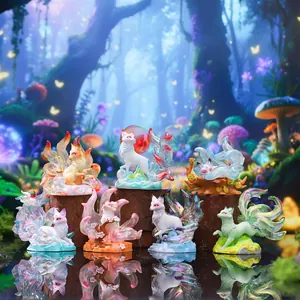 Full collection of mythological nine-tailed fox figurines in a magic forest setting