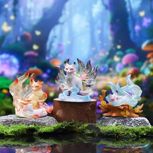 Exquisite mythical nine-tailed fox figurines displayed in a dreamy fantasy forest setting