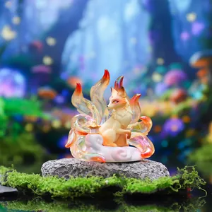 Macro shot of colorful mythical nine-tailed fox figurine with gradient flame tails