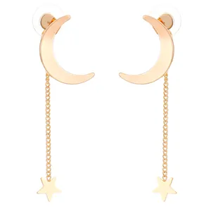 Elegant 18k gold plated star and moon dangle earrings for women with celestial design