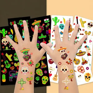 Luminous Day Of The Dead Temporary Tattoo Stickers Waterproof Cartoon Skull Guitar Pattern Glow In The Dark Party Favor Body Art For Kids