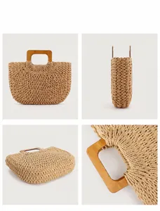 Detailed shots showing the texture and wooden handle of this handmade woven beach bag