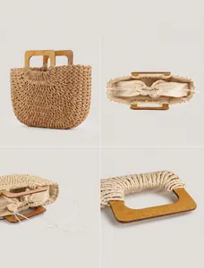 Detail shots of hand-woven straw beach bag featuring sturdy wooden handles and drawstring closure