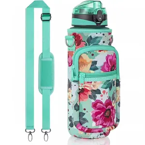 Custodia per borraccia in neoprene floreale verde menta con tracolla regolabile