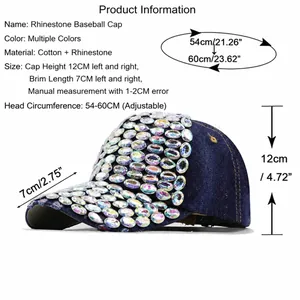 Detailed measurement guide for rhinestone denim baseball cap showing size and weight info.