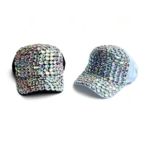Handmade sparkly iridescent rhinestone baseball caps in black and light blue finishes