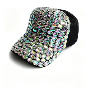 Close-up detail of multi-colored iridescent rhinestones on a black handmade baseball cap