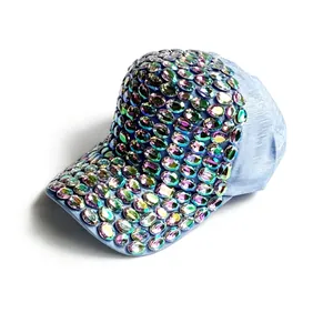 Macro view of a stylish baseball cap featuring colorful iridescent rhinestone embellishments