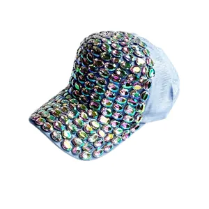 Handmade colorful rhinestone baseball cap for women with shiny iridescent crystals