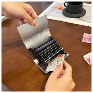 Dettaglio interno di un portacarte a fisarmonica argento minimalista con più scomparti
