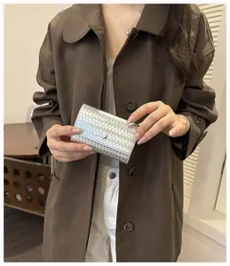 Elegante portafoglio in pelle intrecciata argento tenuta da una donna in dettaglio
