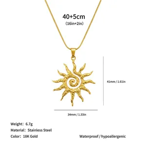 Gold stainless steel hammered sun spiral pendant necklace with size specifications