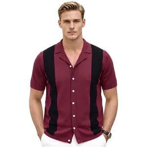 Men Casual Knitted Polo Shirt Short Sleeve Camp Collar Striped Color Block Viscose Button Up Retro Knit Shirt Top