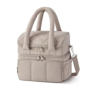 Premium beige quilted double-layer insulated lunch bag with comfortable padded handles