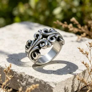 Vintage scroll engraved titanium steel ring with intricate punk style filigree design