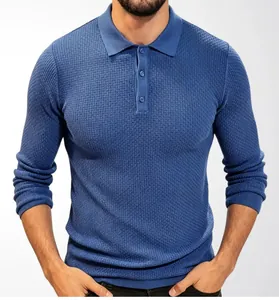 Men's long-sleeve dark blue knitted Polo shirt with detailed textured waffle pattern