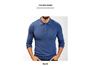 Close-up of a men's stylish long sleeve blue knitted Polo shirt with waffle texture