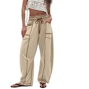 Damen lockere weite Khakihose mit verstellbarem Kordelzug und Zier-Längsnähten