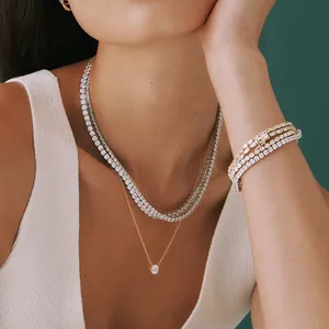 Elegant S925 sterling silver micro-pave diamond tennis necklace and bracelet set for women