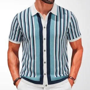 Men's Casual Short Sleeve Striped Knitted Polo Shirt Vintage Vertical Striped Button Down Viscose Knit Cardigan Top For Men