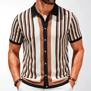 Men's retro vertical stripe knitted polo cardigan with short sleeves and buttons