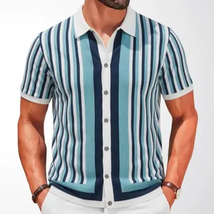 Stylish men's blue and white vertical striped knitted short-sleeve polo cardigan sweater