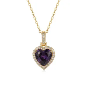 Elegant gold plated heart pendant necklace with purple gemstone and white zircon accents